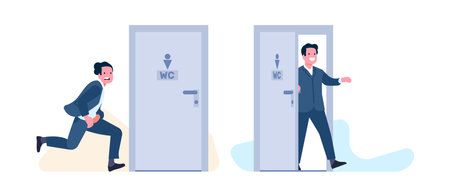 Man with diarrhea runs to bathroom. Happy guy comes out of WC. People rush to public toilet. Stomach or bladder disease. Poo and urination problem. Hurry to lavatory. Vector conceptのイラスト素材