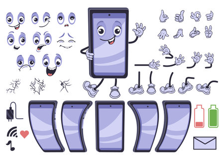 Cartoon mobile phone character kit. Funny mascot with different face emotions, legs and hands. Cellphone construction. Smartphone icons. Device screen with fissures. Splendid vector setのイラスト素材
