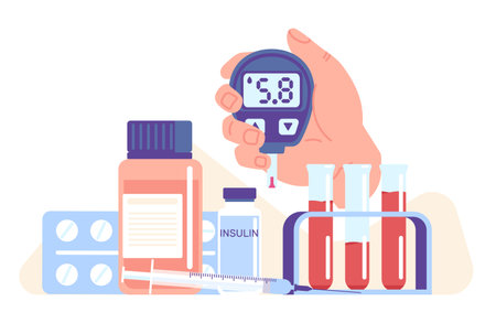 Right diabetes equipment. Glucometer device. Insulin injection. Glucose meter. Health care. Hyperglycemia illness. Pills blister and bottle. Test tube. Medical treatment. Vector conceptのイラスト素材
