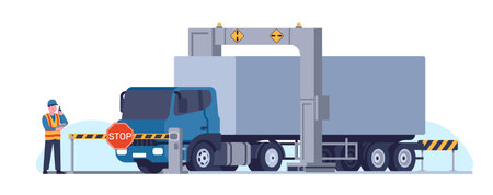 Customs inspector checks truck with state of arc X-ray scanner. Smuggling goods. Worker scanning cargo automobile. Lorry control. Freight transportation and delivery. Vector conceptのイラスト素材