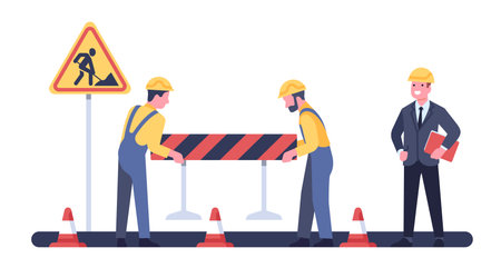 Foreman checks start of work on road repair site. Highway renovation. Street border or roadside sign. Engineer and builder brigade. Workmen in overalls. Asphalt roadway. Vector conceptのイラスト素材