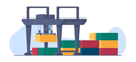 Harbor crane moves cargo containers. Freight port terminal. Marine transport unloading. Industrial...