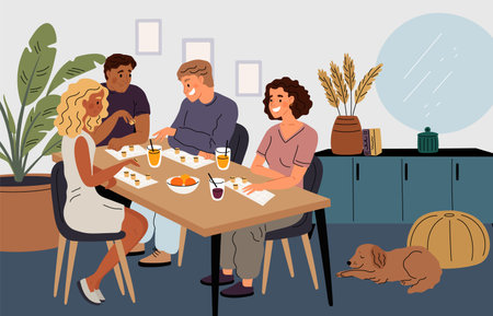 Adult friends play lotto in lobby. Board game. Group entertainments. Cartoon players close numbers on cards. Indoor fun activity. Men and women sitting at table. Garish vector conceptのイラスト素材
