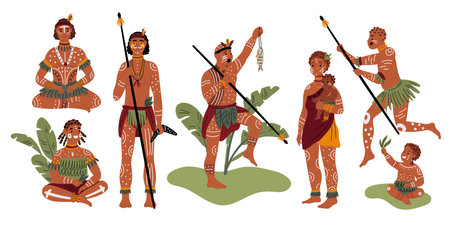Cartoon African characters. Native tribal people with patterned bodies. Aborigines with traditional tattoo ornaments. Hunters with spears. Indigenous men or women. Garish vector setのイラスト素材