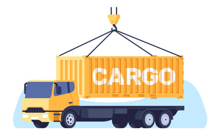 Loading shipping container on truck with crane. Cargo lorry for metal box transportation. Auto trailer. Automobile side view. Warehouse logistics. Car freight delivery. Vector conceptのイラスト素材