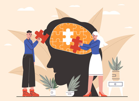 Mental health. Man and woman putting together puzzle in large silhouette head. Couple working with psychotherapist. Brain recovery. Psychological treatment consultation. Vector conceptのイラスト素材