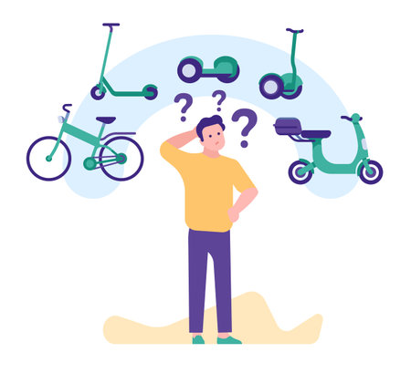 Young man chooses vehicle to buy. City eco transport. Dilemma between bicycle or electric scooter. Pensive guy. Thoughtful person making decision. Gyroboard and moped. Vector conceptのイラスト素材