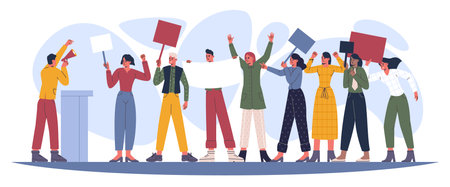 Agitator at rally. Man with megaphone speaks to public. Loud appeals at tribune. Slogans or announcements. Cartoon people with posters at demonstration. Activists protest. Vector conceptのイラスト素材