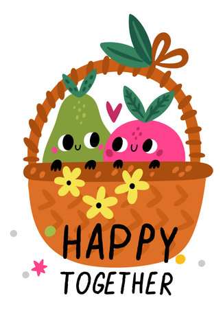 Cute fruits character emblem. Funny friends couple in basket. Happy together. Summer pear and apple. Healthy food mascot. Vitamin products. Square card. Vector cartoon banner designのイラスト素材