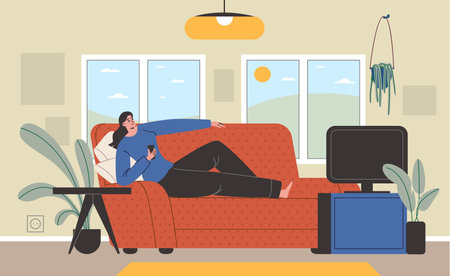 Lazy girl at home. Woman is lying on sofa. Inactive girl watching TV in living room. Rest on weekends. Sedentary lifestyle. Unmotivated apathetic person. Comfortable pose. Vector conceptのイラスト素材