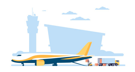 Unloading cargo plane at airport. Freight airplane loading. Aircraft or truck transportation. Logistics service. Forklift moving containers into lorry. Packages shipment. Vector conceptのイラスト素材