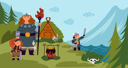 Viking family life. Scandinavian woman with children. Home hearth keeper. Historic characters. Barbarian mother and kids. Cooking on bonfire. Nature landscape. Garish vector conceptのイラスト素材