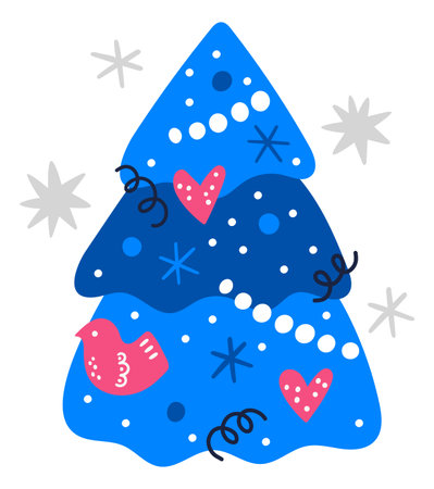 Decorated pine tree with hearts and garland. Winter holiday symbolのイラスト素材