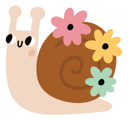 Cute snail with flowers. Happy smiling animalのイラスト素材