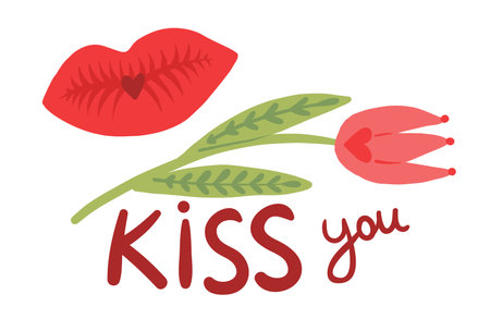 Kiss you lettering with red tulip. Romantic love stickerのイラスト素材