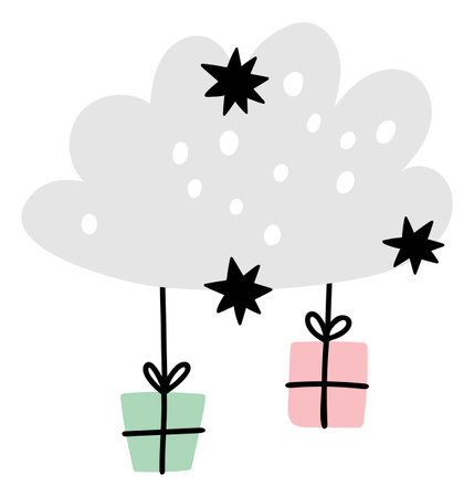 Cute cloud with hanging gift boxes. Birthday present symbolのイラスト素材