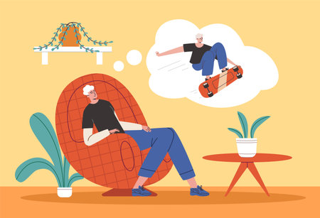 Cartoon lazy man dreams. Guy fell asleep in comfortable chair. Extreme skateboard jumps in thoughts cloud. Boy imagining about riding skateboard. Sedentary lifestyle. Vector conceptのイラスト素材