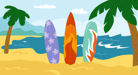 Colorful surfboards on beach. Summer sea sport and extreme hobby. Patterned wooden boards. Catching water waves equipment. Tropical sand sea shore. Palm trees. Garish vector conceptのイラスト素材