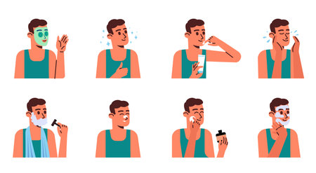 Male facial skin care procedures. Beauty routine. Man applying cosmetic mask and moisturizing cream. Shaving and cleansing. Makeup steps. Skincare products. Guy portraits vector setのイラスト素材