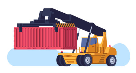 Richstacker transports shipping container from warehouse. Freight transportation. Excavator lifting heavy box. Cargo logistics. Storehouse forklift lorry. Harbor loader. Vector conceptのイラスト素材