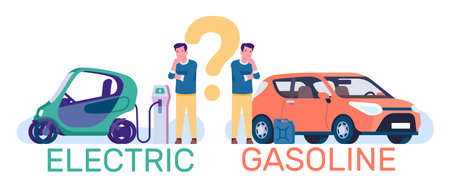 Young guy chooses electric or gasoline car. City eco transport. Dilemma between electromobile and petrol engine vehicle. Thoughtful person making decision. Solve question. Vector conceptのイラスト素材