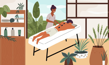 Man in beauty salon. Professional massage therapist work with client. Relaxing hot stone spa therapy. Wellness or skin care cosmetology procedure. Male relaxation. Garish vector conceptのイラスト素材