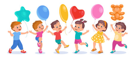 Children with balloons. Cute kids hold different shapes air balloons. Happy girls and boys with helium inflated toys. Birthday party. Funny little people happiness. Splendid vector setのイラスト素材