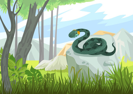 Poisonous reptile in nature. Dangerous snake on rock. Viper in natural habitat. Creeping animal. Wild forest meadow. Serpent on stone. Venomous cobra or python. Splendid vector conceptのイラスト素材