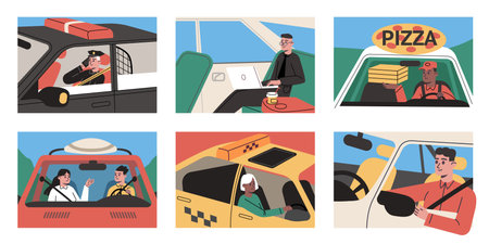 Cartoon people in car. Drivers and passengers in automobiles. Personal and service vehicles. Pizza delivery. Men or women travel comfortably. Police patrol. Auto transportation vector setのイラスト素材