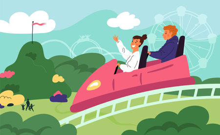 Happy amusement park visitors ride in rollercoaster. Positive emotions. Adrenaline rush. Cartoon people having fun. Couple on roller coaster. Weekend entertainment. Garish vector conceptのイラスト素材