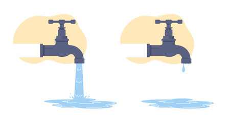 Water faucet with aqua flow or falling drops. Stopcock leaking. Plumbing maintenance. Open or closed spigot. Dripping liquid. Bathroom or kitchen sanitary engineering. Vector conceptのイラスト素材