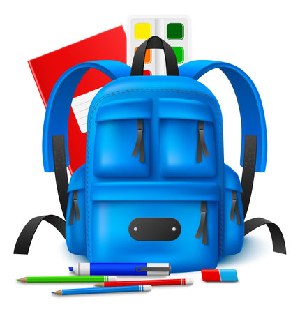 School tools. Realistic backpack with stationery. Pencils and paint palette. Students notebook. Felt-tip marker and eraser. Pupils knapsack. Educational accessories. Vector conceptのイラスト素材