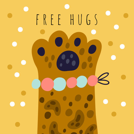 Cute cats greeting card. Pets paw. Spotted kitty brown fur. Domestic animals foot with claws. Feline mammal. Shaggy kittens leg. Adorable pussycat. Romantic square banner vector designのイラスト素材