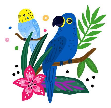 Tropical birds poster. Bright parrot and jungle plants. Funny rainforest creature. Hibiscus flowers. Flying feathered animal. Parakeet or macaw on palm branch. Vector color summer cardのイラスト素材