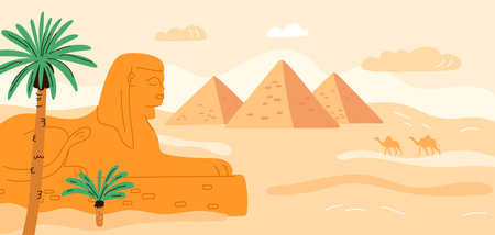 Desert sand landscape with pyramids and camels. Egypt architecture and culture. Historical symbols. Ancient statue of Sphinx. Arid hot climate. Drought panorama. Garish vector backgroundのイラスト素材