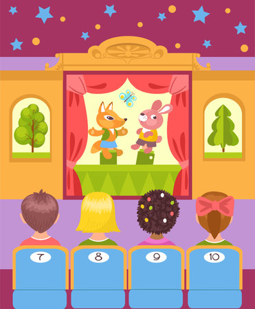Kids puppets show. Spectators watch entertainment performance. Theater stage. Actors perform in front of children. Marionette dolls. Curtains and decorations. Splendid vector conceptのイラスト素材