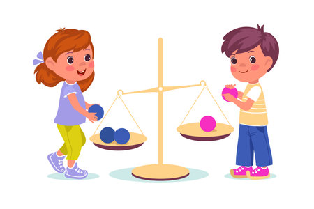 Young children play with scales and different weights. Boy and girl put balls on weigher. Toys mass measurement. Educational game. Spheres comparison. Balance equilibrium. Vector conceptのイラスト素材