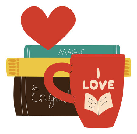 Cartoon books stack. Love to read. Fiction or educational literature lovers. Drink cup. Bookworm cozy leisure. Hardcover textbooks. Knowledge learning. Vector library and bookstore stickerのイラスト素材