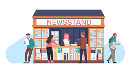 People buy newspapers and magazines from street kiosk and read them. News booth. Newsstand selling journals and books. Outdoor press shop showcase. Road trade stall. Vector conceptのイラスト素材