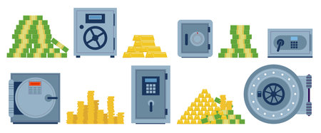 Metal safe boxes with money. Valuables in strongbox. Cash security. Bank vault. Bundles of banknotes and gold bars stacks. Password protected locks. Finance storage containers vector setのイラスト素材