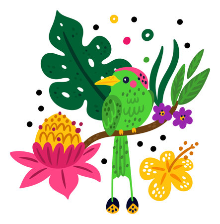 Tropical birds poster. Bright parrot and jungle plants. Rainforest creature. Color hummingbird. Hibiscus flowers. Flying feathered animal. Green colibri on palm branch. Vector summer cardのイラスト素材