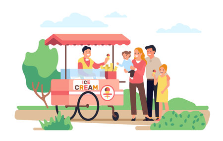 Young family with children buy ice cream at cart kiosk. Street food booth in park. Vendor at outdoor counter. Mother and father together with kids. People walk in nature. Vector conceptのイラスト素材