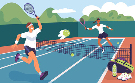 Lawn tennis players on court. Cartoon professional athletes hit ball. Pre match training process. Outdoor sport stadium. Man and woman play active game together. Garish vector conceptのイラスト素材