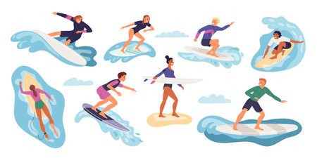 Happy surfers characters. Cartoon people catch and dissect sea waves on boards. Extreme beach sport. Guys and girls at surfboards. Summer vacation. Swimming athletes. Garish vector setのイラスト素材