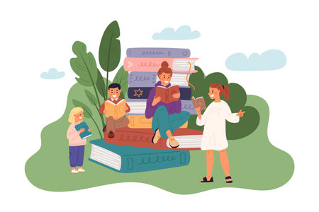 Book lovers. Mom reads fairy tale to children. Large stack of literary volumes. People gain new knowledge. Parent with kids enjoy of literature. Relax in nature. Garish vector conceptのイラスト素材