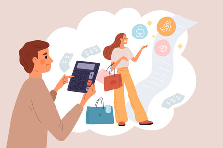 Financial planning. Young family plan month budget. Woman checking receipts. Man counting expenses and profits. Purchase bill. Income and payment calculation. Garish vector conceptのイラスト素材