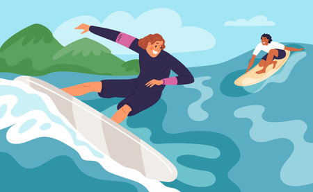 Cartoon surfers on water. Sea beach active relax. Happy guys cut through waves. Summer surfing. Extreme sport. Professional athletes swimming. People on surfboards. Garish vector conceptのイラスト素材
