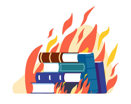 Censorship and dictatorship. Stack of books on fire. Textbooks burning in flame. Censored literature. Education destruction. Damaged knowledge. Information restriction. Vector conceptのイラスト素材