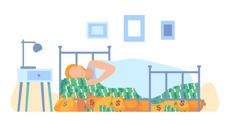Girl sleeps on money bills, bags of money and coins. Dollar banknotes under bed. Financial savings storage in bedroom. Wealthy woman dreaming at home. Investment strategy. Vector conceptのイラスト素材