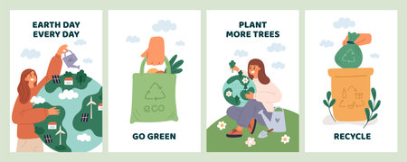 International Earth Day cards. Environmental protection. Saving planet theme. Ecology conservation and nature care. Recycled products. Planting trees. Reuse eco bag. Garish vector setのイラスト素材